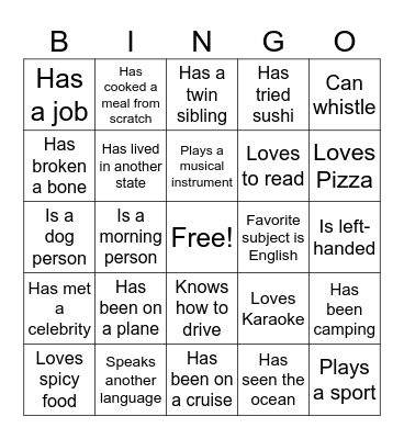Get to know your classmates Bingo Card