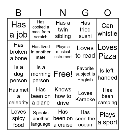 Get to know your classmates Bingo Card