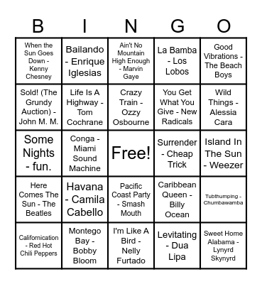 Summer Jams Bingo Card