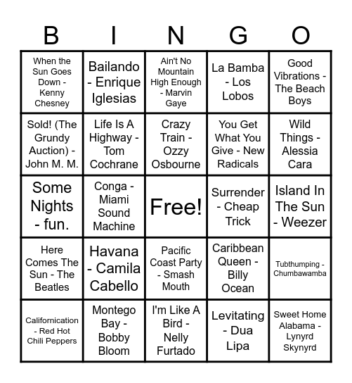 Summer Jams Bingo Card