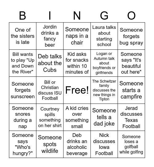 Schwitzer Vacation Bingo Card