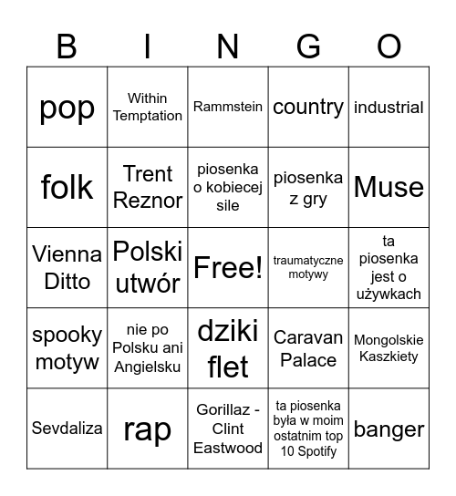 gówniany gust muzyczny Bingo Card