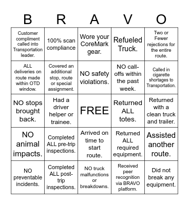 ROUTE BRAVO BINGO Card