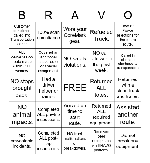 ROUTE BRAVO BINGO Card