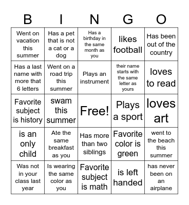 Classmate BINGO! Bingo Card