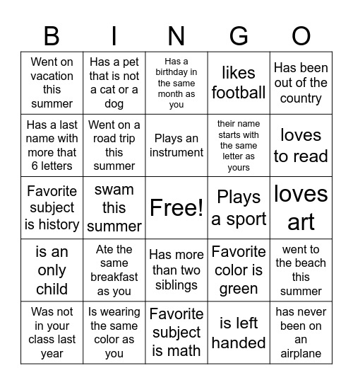 Classmate BINGO! Bingo Card
