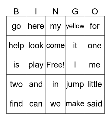 Sight Words #1 Bingo Card