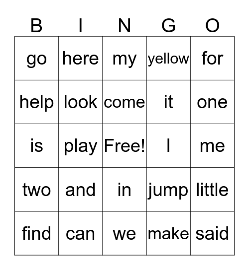 Sight Words #1 Bingo Card