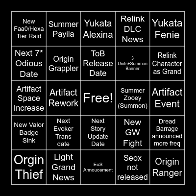 Summer Livestream Bingo Card
