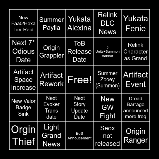 Summer Livestream Bingo Card
