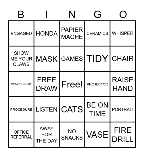 WELCOME TO ART!! Bingo Card