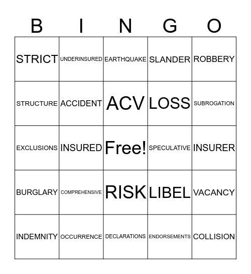 Insurance Bingo Card