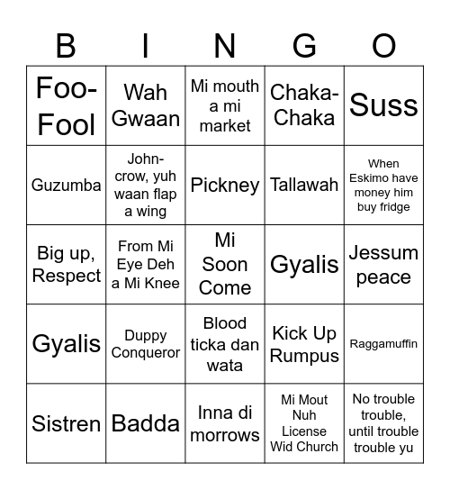 Jamaican Sayings & Proverbs Bingo Card