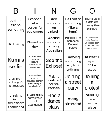 Trip Bingo Card