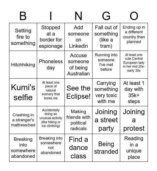 Trip Bingo Card