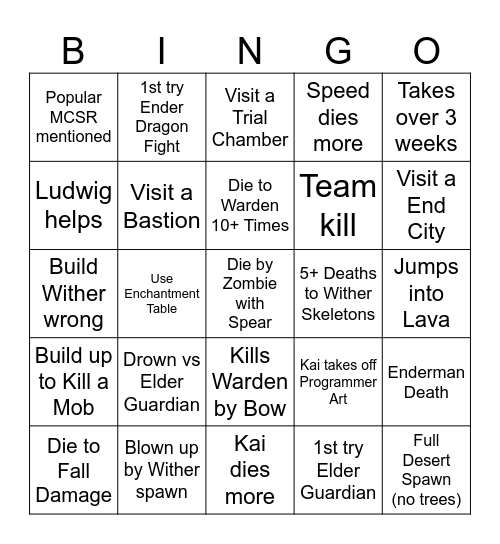 Kai x Speed Minecraft Bingo Card