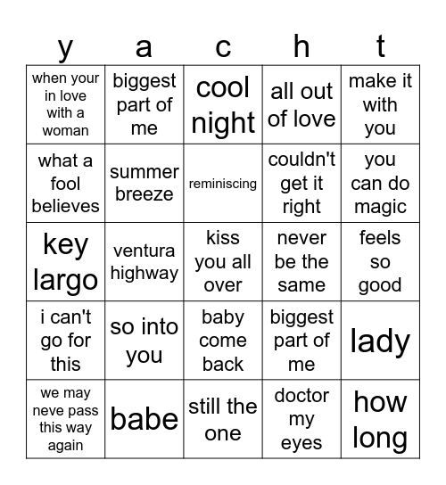 yacht Bingo Card