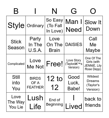 Taylor swift and friends Bingo Card