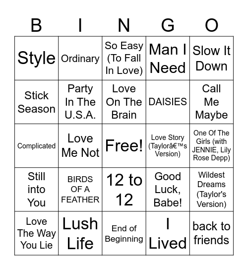 Taylor swift and friends Bingo Card