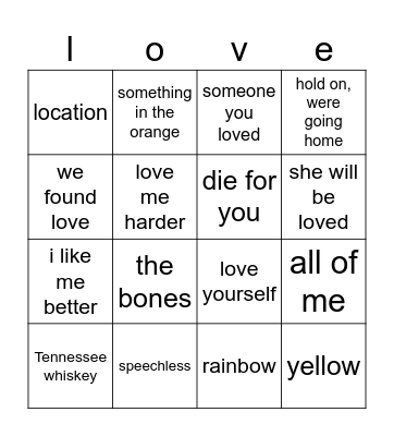 love songs Bingo Card