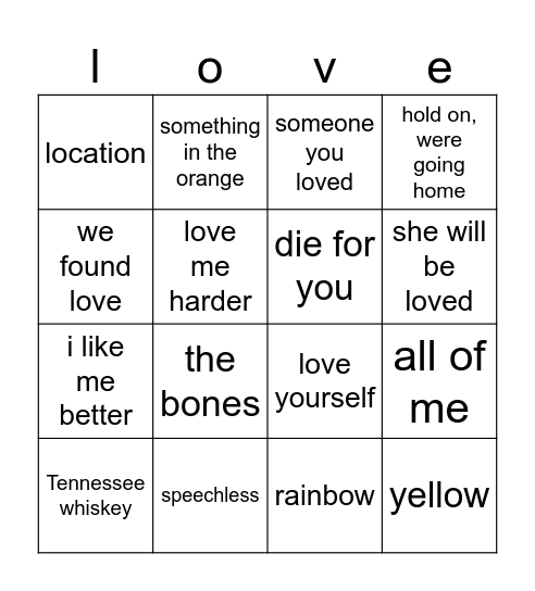 love songs Bingo Card