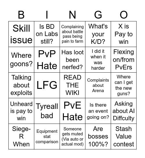 Tarkov Bingo Card