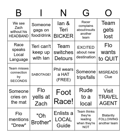 The Amazing Race Bingo Card