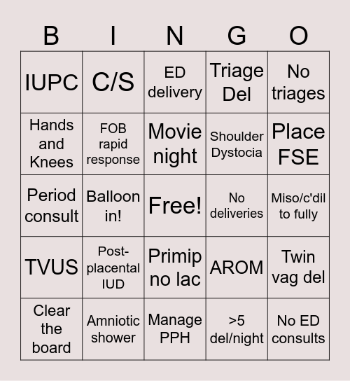 Zoe's Nights Bingo Card