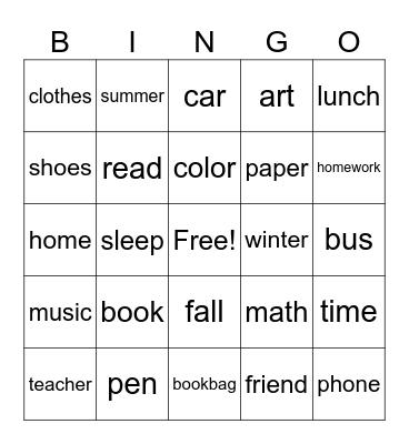 Back to School Bingo Card