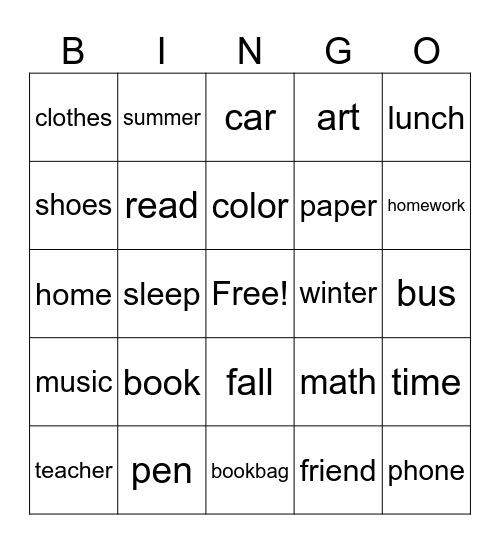 Back to School Bingo Card