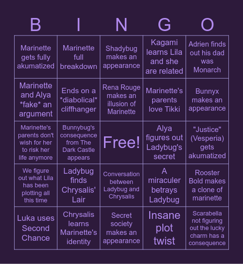 Miraculous Nemesis Bingo Card