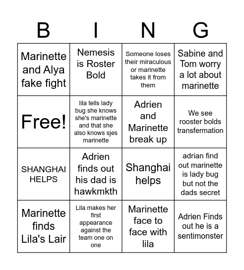 miraculous Bingo Card