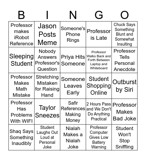 Class Bingo 2 Bingo Card