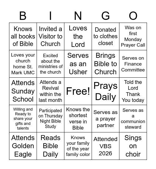Getting to Know Your Church Member Bingo Card