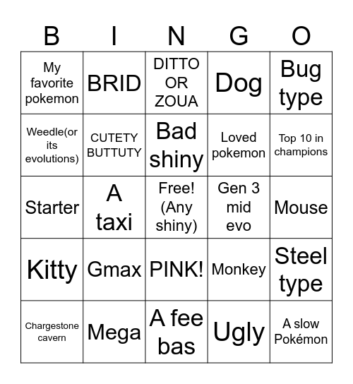 Shiny Pokémon Bingo Card