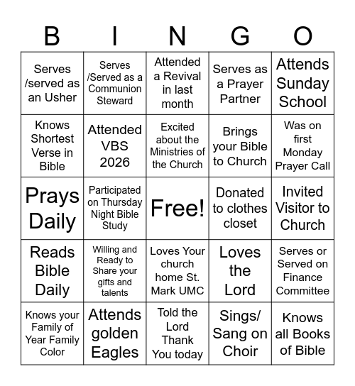Getting To Know Your Church Member Bingo Card