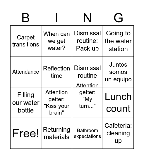 Classroom Bingo Card