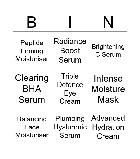 endota Product Bingo Card