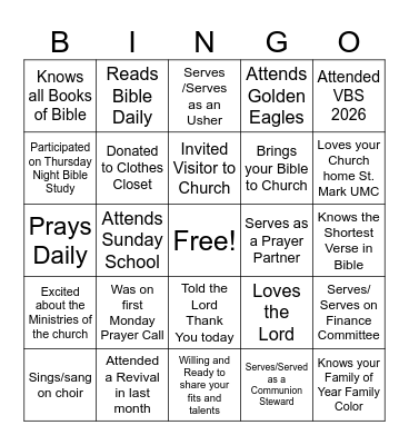 Getting To Know Your Church Member Bingo Card