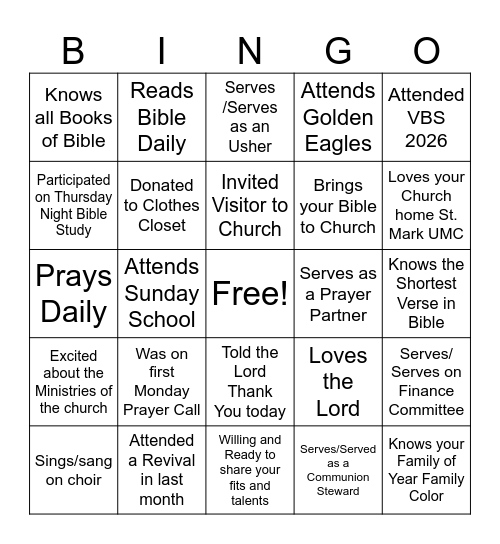 Getting To Know Your Church Member Bingo Card