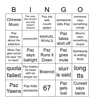 Paz Bingo Card