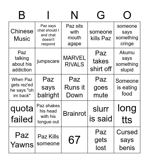 Paz Bingo Card