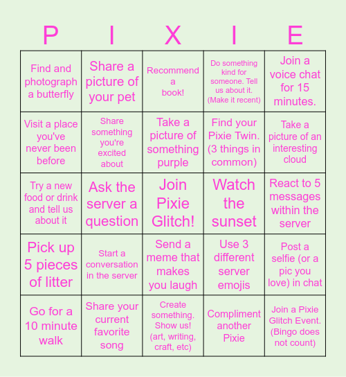 Pixie Glitch Bingo Card