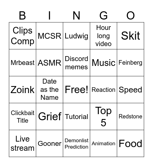 YT Homepage Bingo Card