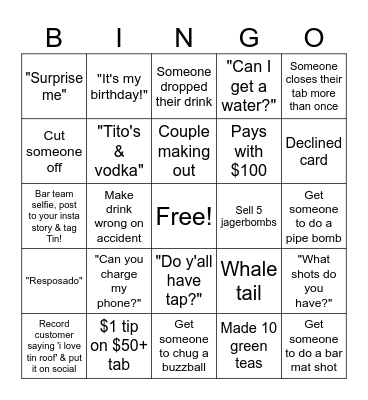 Tim Roof Bingo Card