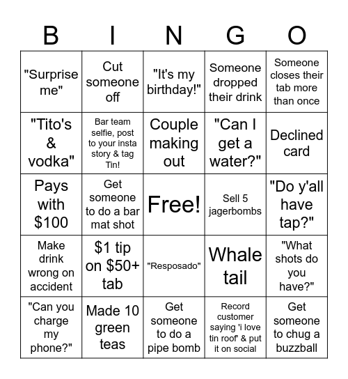 Tim Roof Bingo Card