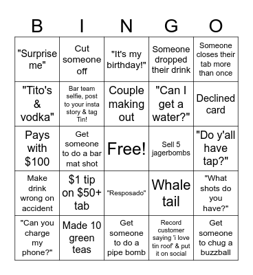 Tim Roof Bingo Card