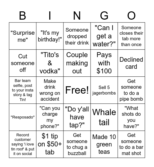 Tim Roof Bingo Card