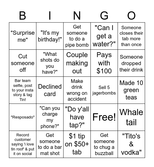 Tim Roof Bingo Card