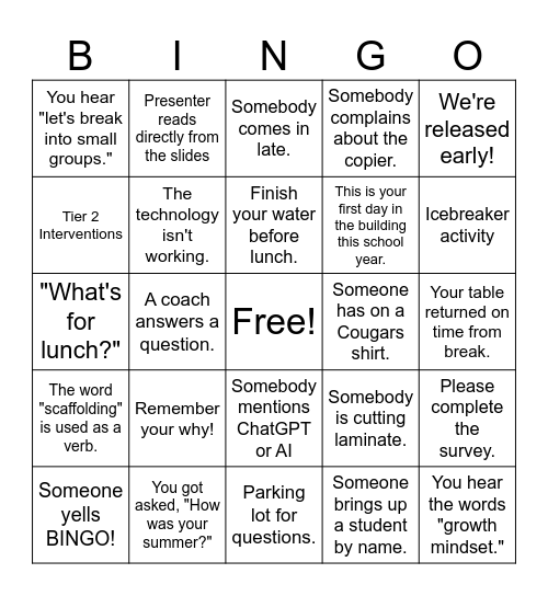Professional Development BINGO Card